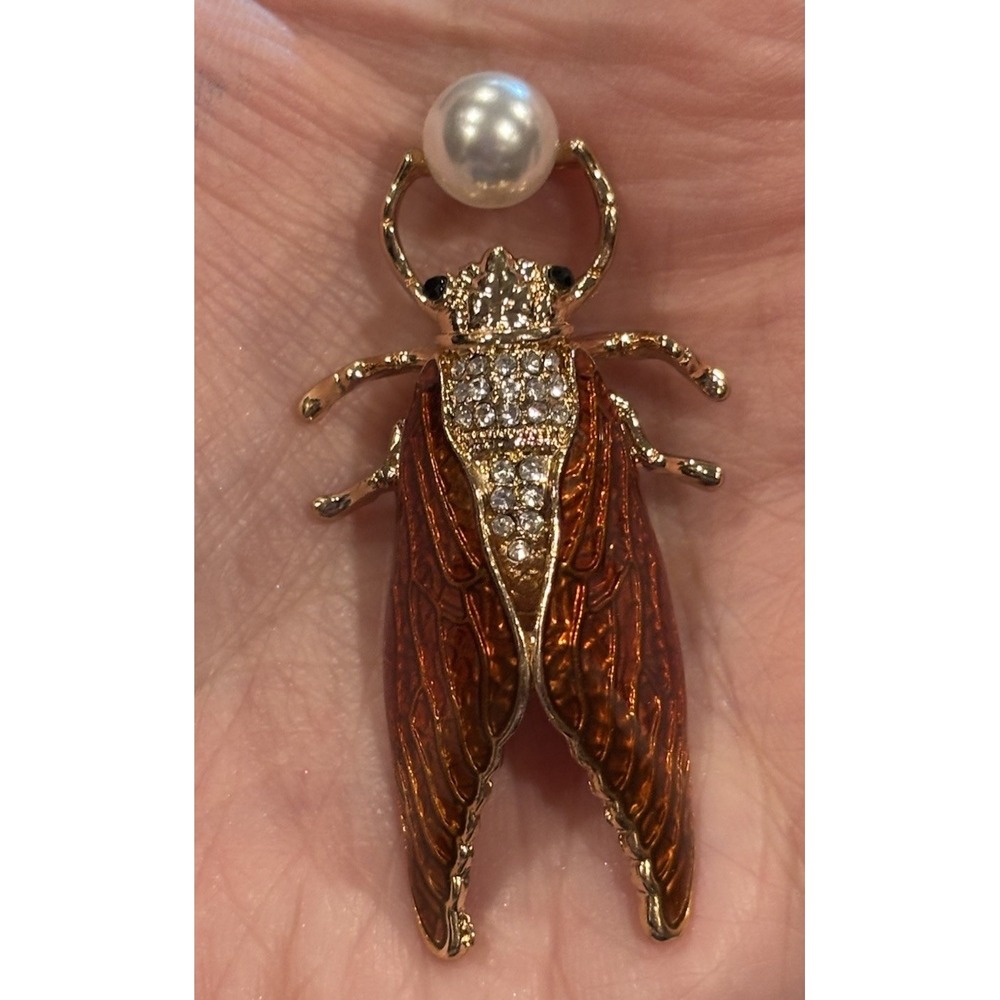 Cicada Insect Bug Crystal & Rhinestone Enamel Brooch